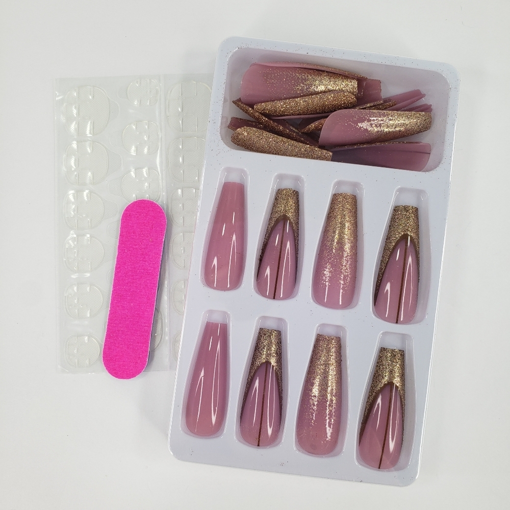 Pink Gold Glitter Design False Nails Press On 25 Pc Set Long Coffin Shape w Glue - Picture 3 of 6